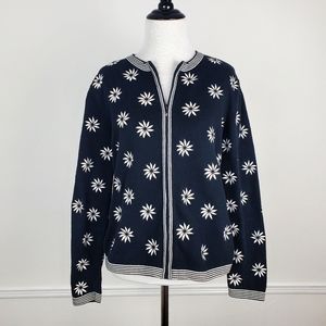 Talbots Jacket Knit Floral Embroidery Zip Up Black White Vintage Grandmacore